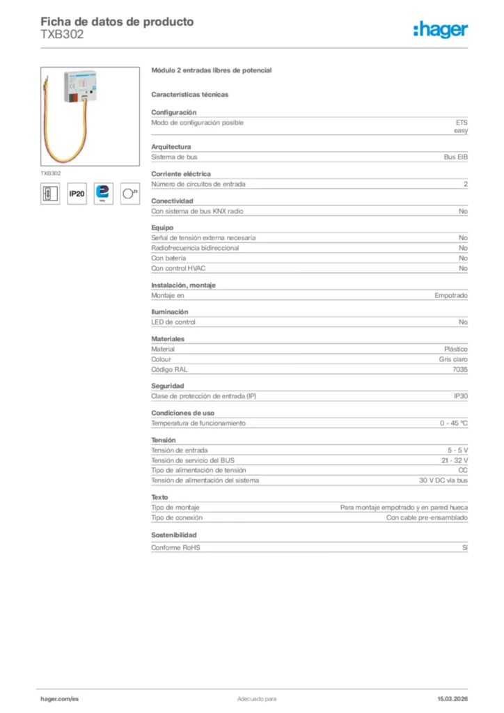 Imagen Hager Ficha de datos de producto TXB302 | Hager España