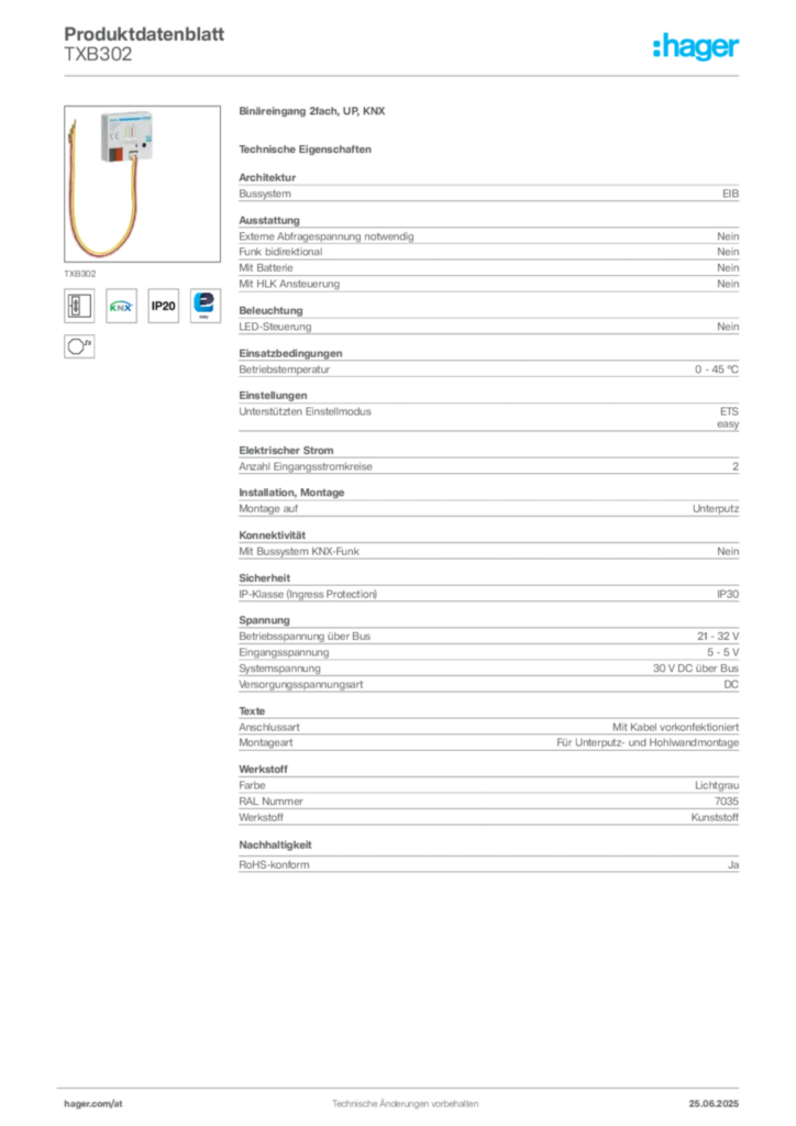 Bild Hager Produktdatenblatt TXB302 | Hager Deutschland