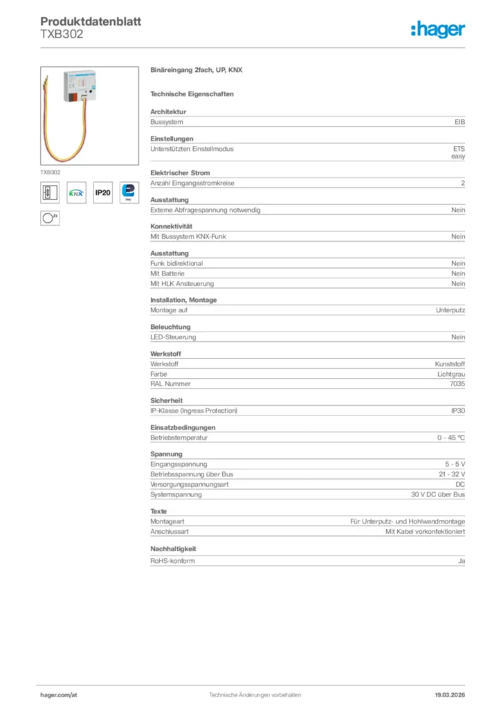 Bild Hager Produktdatenblatt TXB302 | Hager Deutschland