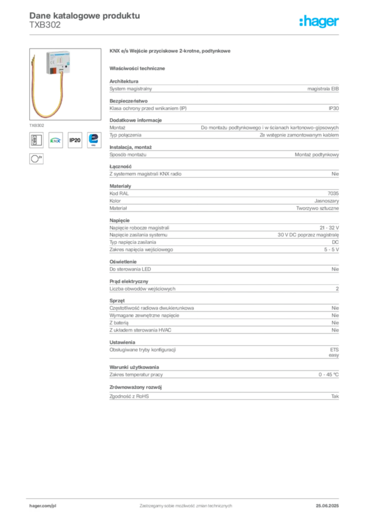 Zdjęcie Hager Dane katalogowe produktu TXB302 | Hager Polska