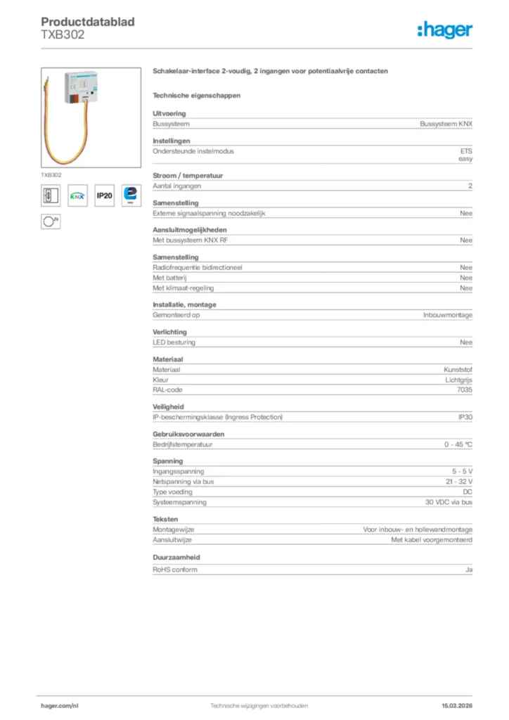 Afbeelding Hager Productdatablad TXB302 | Hager Nederland