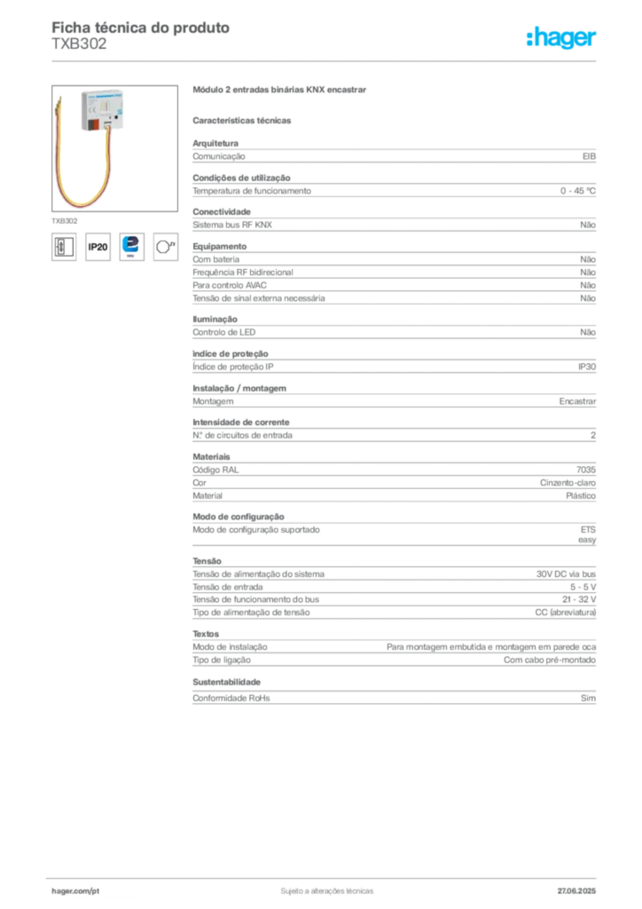 Imagem Hager Ficha técnica do produto TXB302 | Hager Portugal