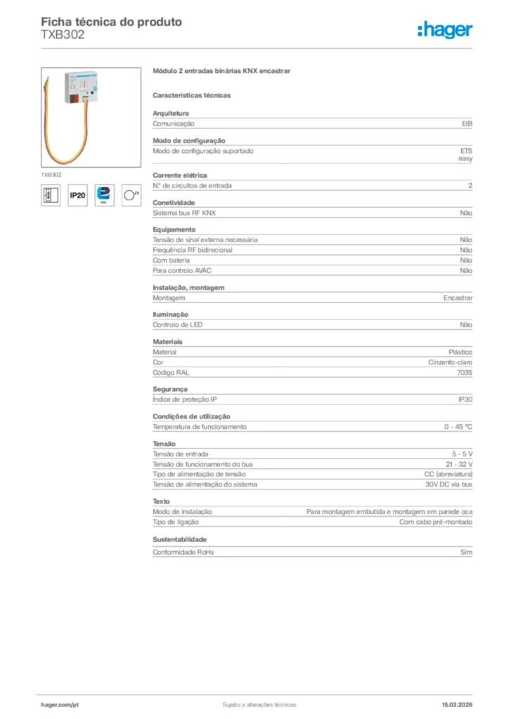 Imagem Hager Ficha técnica do produto TXB302 | Hager Portugal