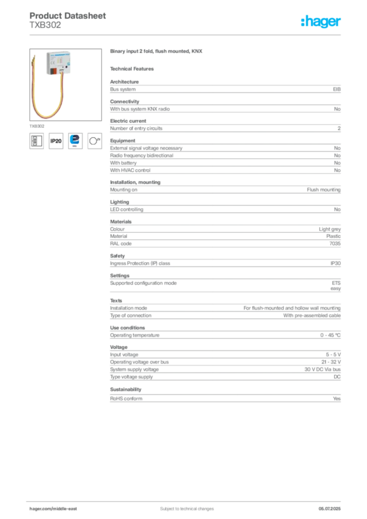 Image Hager Product data sheet TXB302  | Hager