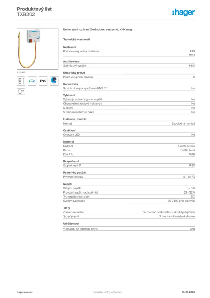 Obrázek Hager Product data sheet TXB302 | Hager