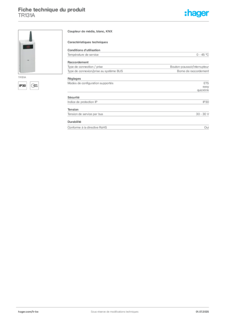 Image Hager Fiche technique du produit TR131A | Hager Belgique
