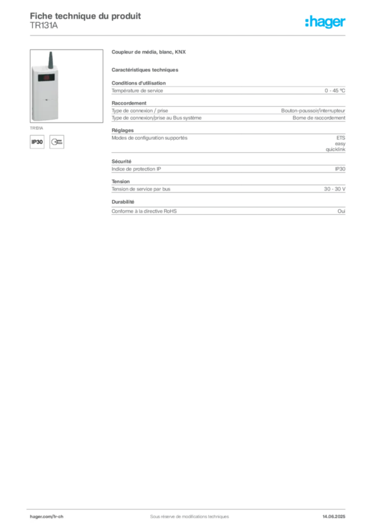 Image Hager Fiche technique du produit TR131A | Hager Suisse