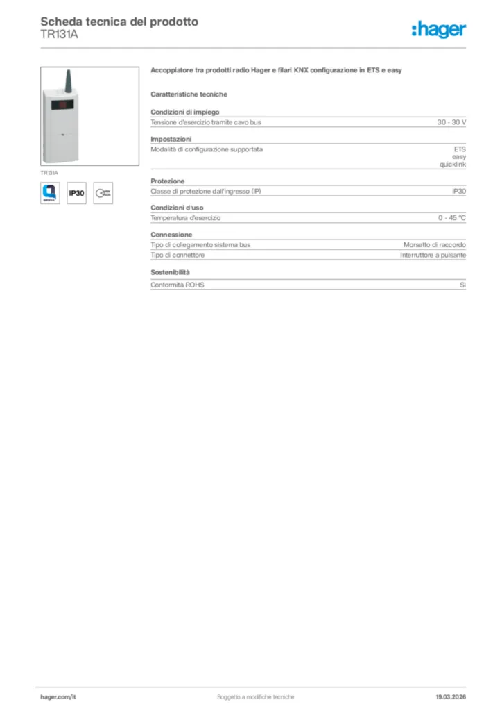 Immagine Hager Scheda tecnica del prodotto TR131A | Hager Italia