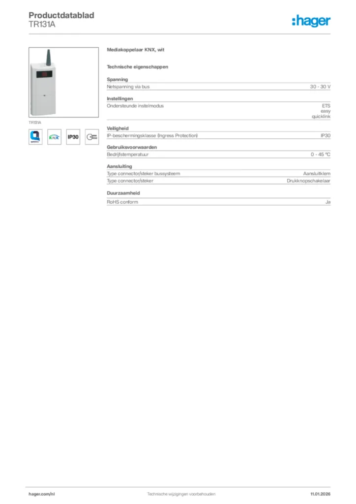 Afbeelding Hager Productdatablad TR131A | Hager Nederland
