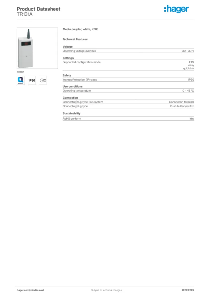 Image Hager Product data sheet TR131A  | Hager