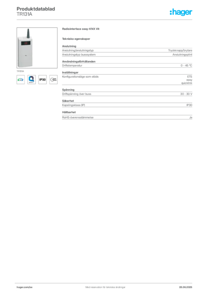 Bild Hager Produktdatablad TR131A | Hager Sverige