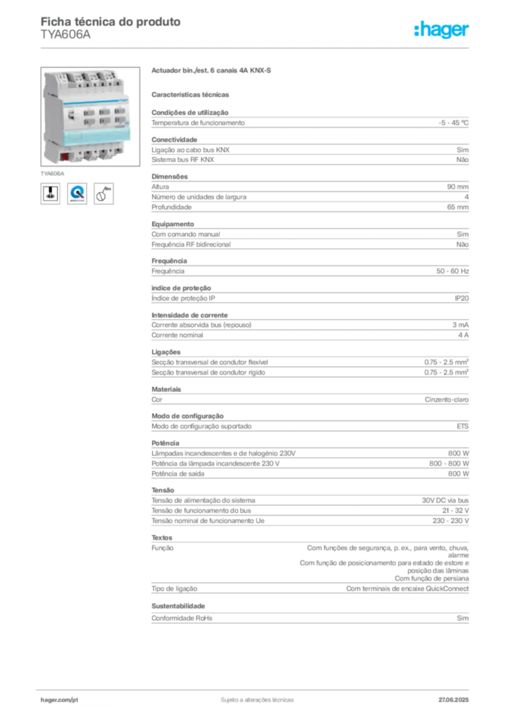 Imagem Hager Ficha técnica do produto TYA606A | Hager Portugal