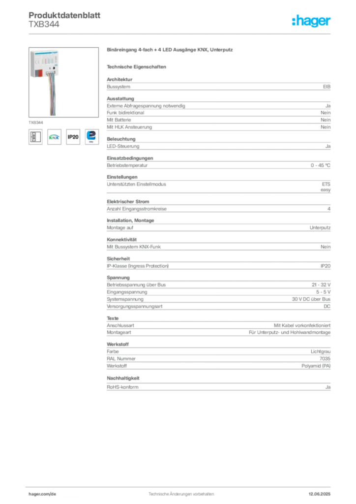 Bild Hager Produktdatenblatt TXB344 | Hager Deutschland