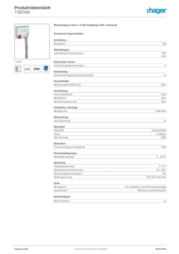 Bild Hager Produktdatenblatt TXB344 | Hager Deutschland