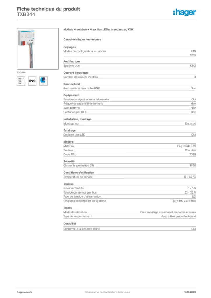 Image Hager Fiche technique du produit TXB344 | Hager France