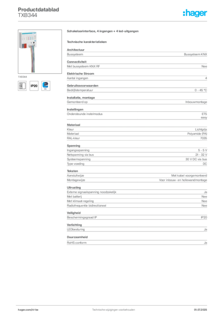 Afbeelding Hager Productdatablad TXB344 | Hager Belgium