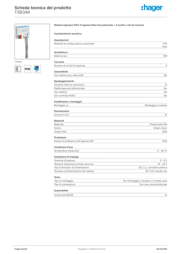 Immagine Hager Scheda tecnica del prodotto TXB344 | Hager Italia