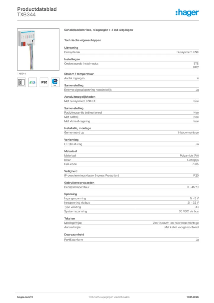 Afbeelding Hager Productdatablad TXB344 | Hager Nederland