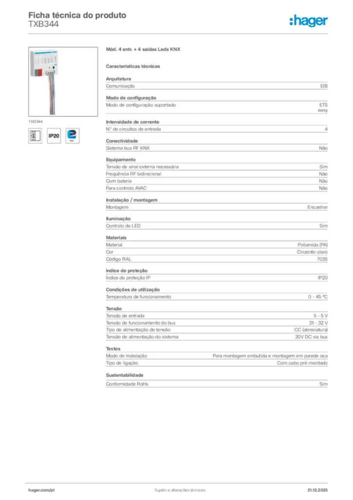 Imagem Hager Ficha técnica do produto TXB344 | Hager Portugal