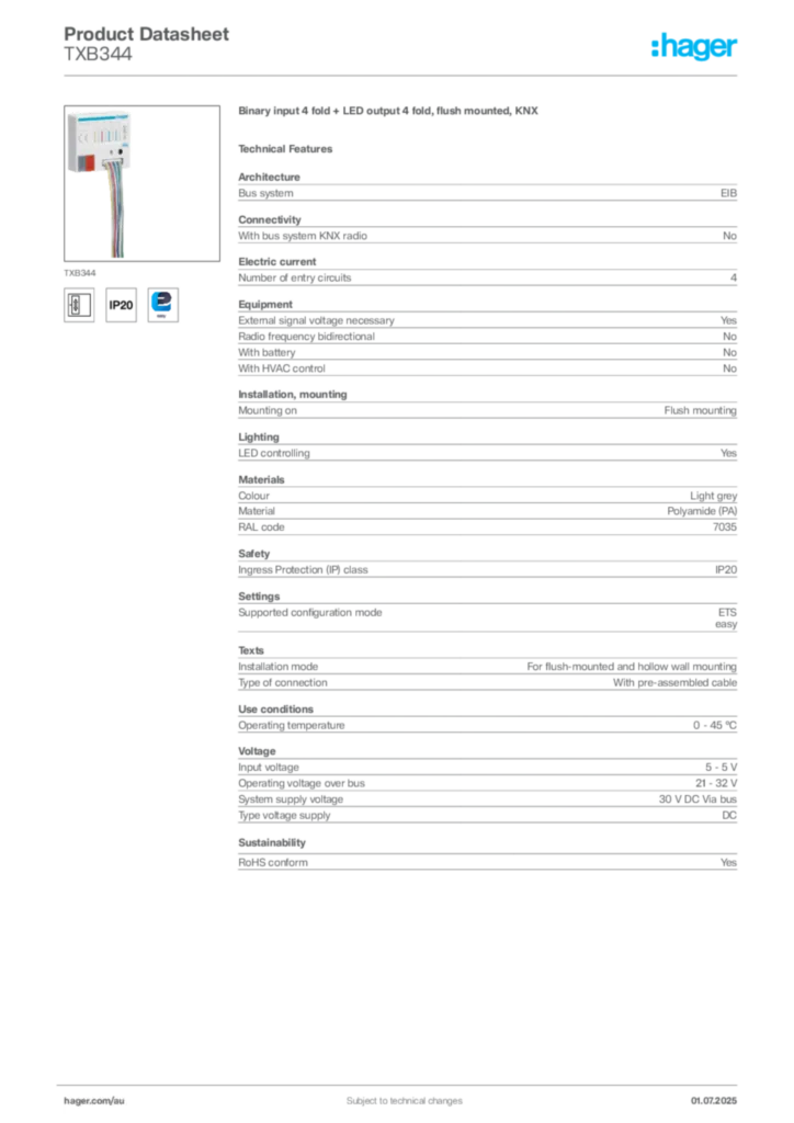 Image Hager Product data sheet TXB344  | Hager Australia