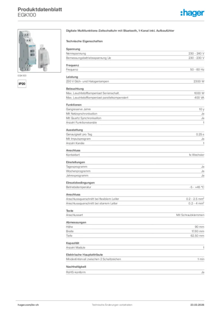 Bild Hager Produktdatenblatt EGK100 | Hager Schweiz