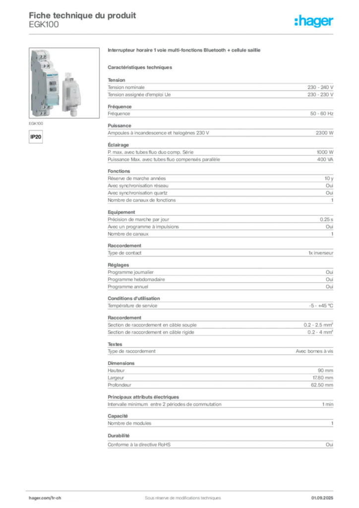 Image Hager Fiche technique du produit EGK100 | Hager Suisse