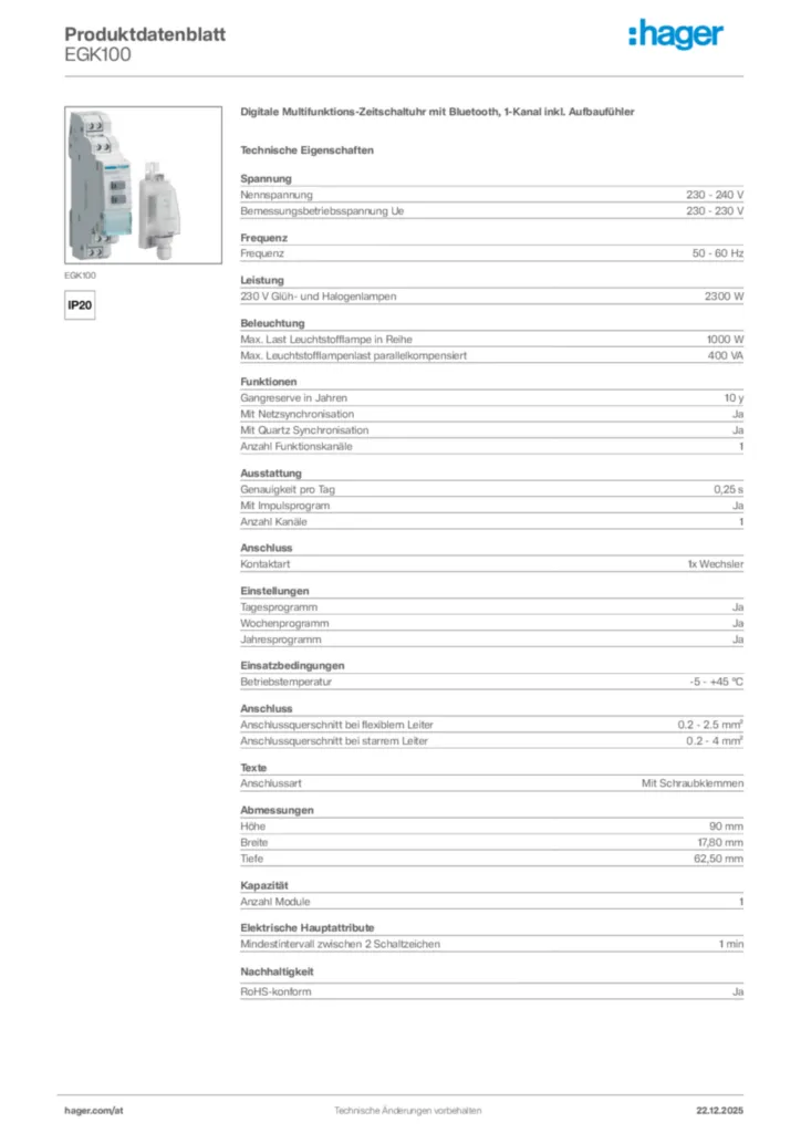 Bild Hager Produktdatenblatt EGK100 | Hager Deutschland