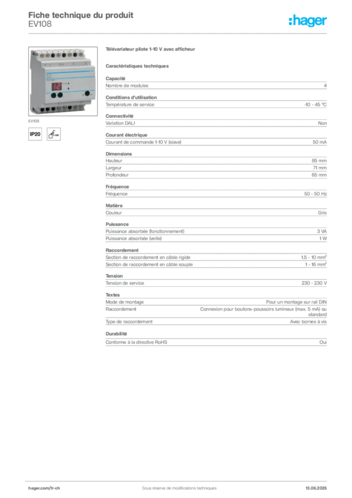 Image Hager Fiche technique du produit EV108 | Hager Suisse