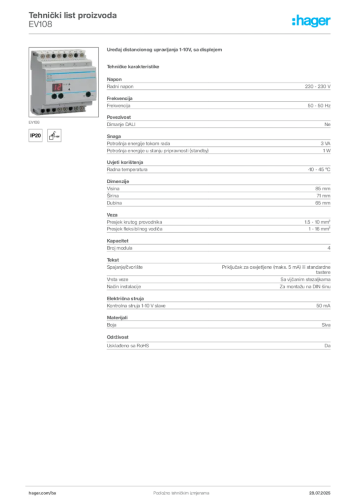 Slika Hager Product data sheet EV108  | Hager
