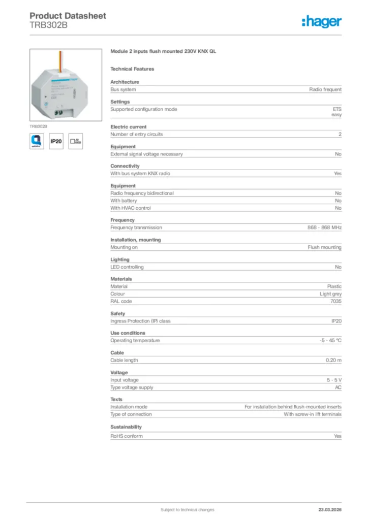 Image Hager Product data sheet TRB302B  | Hager Africa