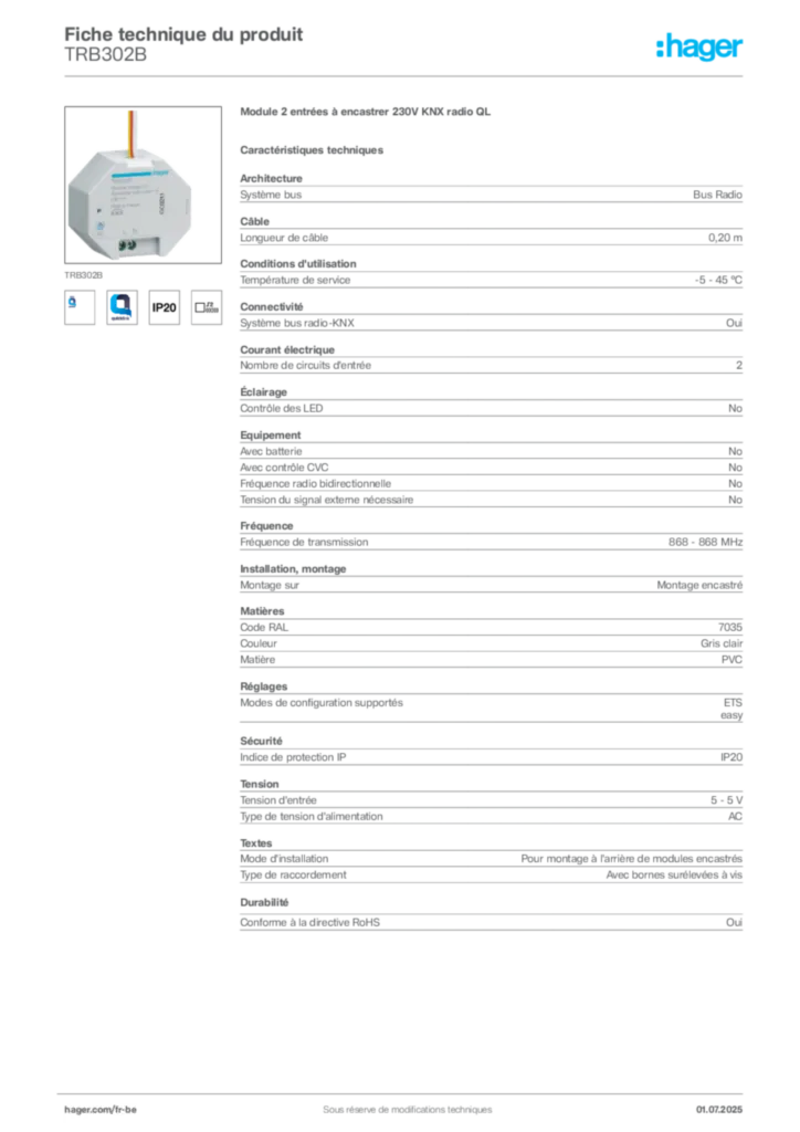 Image Hager Fiche technique du produit TRB302B | Hager Belgique