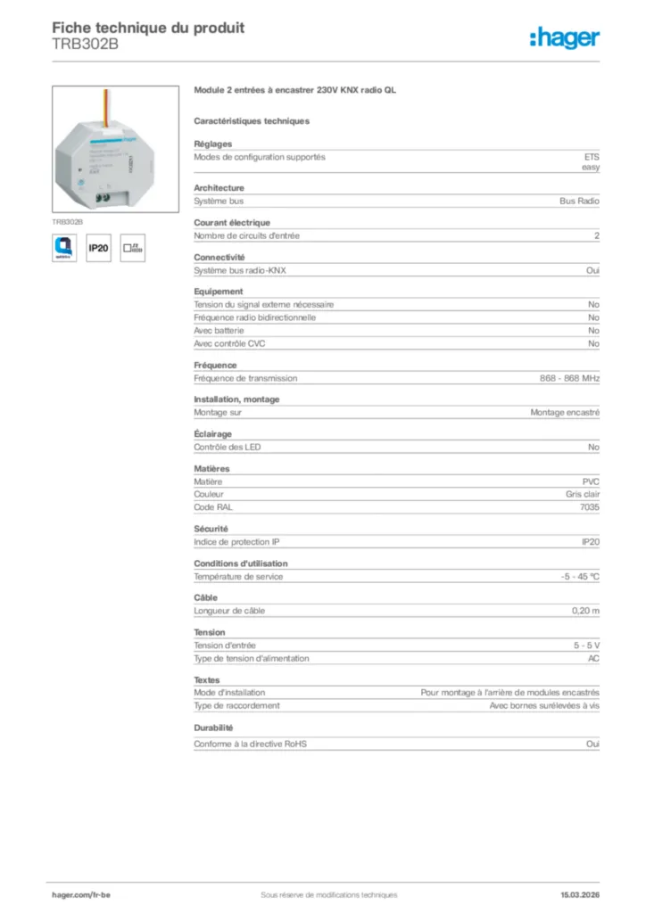 Image Hager Fiche technique du produit TRB302B | Hager Belgique
