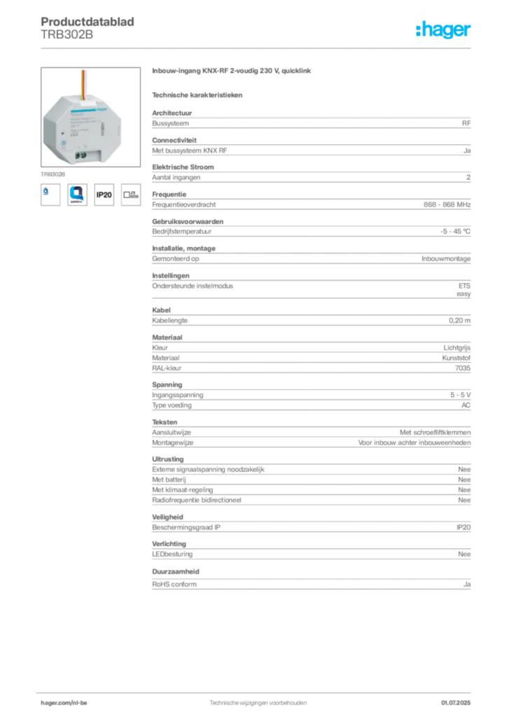 Afbeelding Hager Productdatablad TRB302B | Hager Belgium