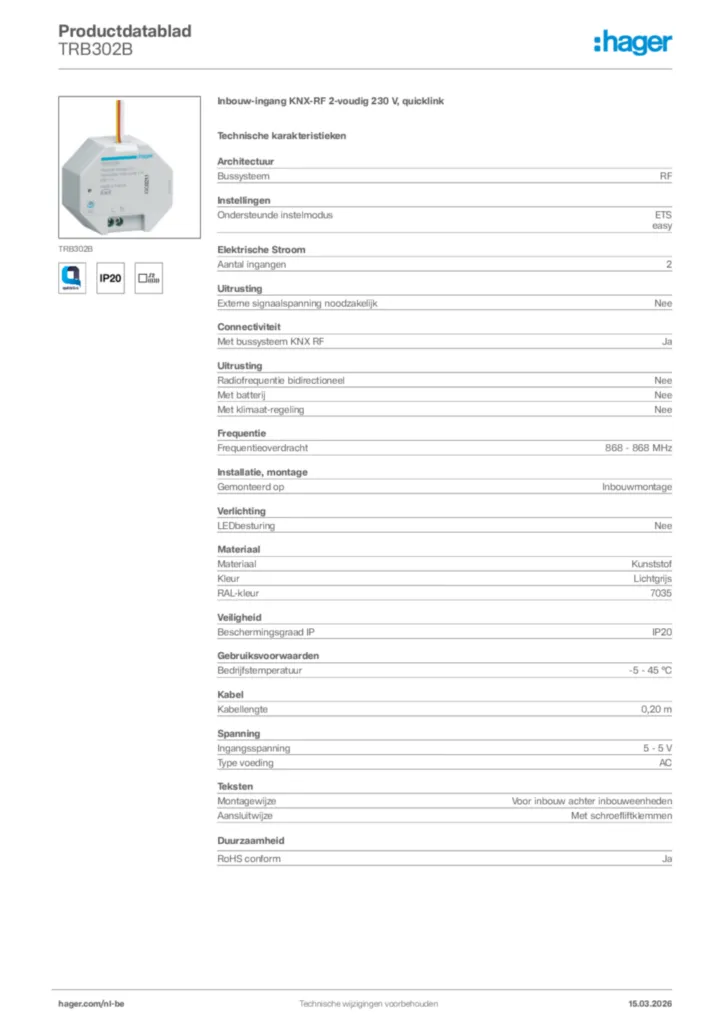 Afbeelding Hager Productdatablad TRB302B | Hager Belgium