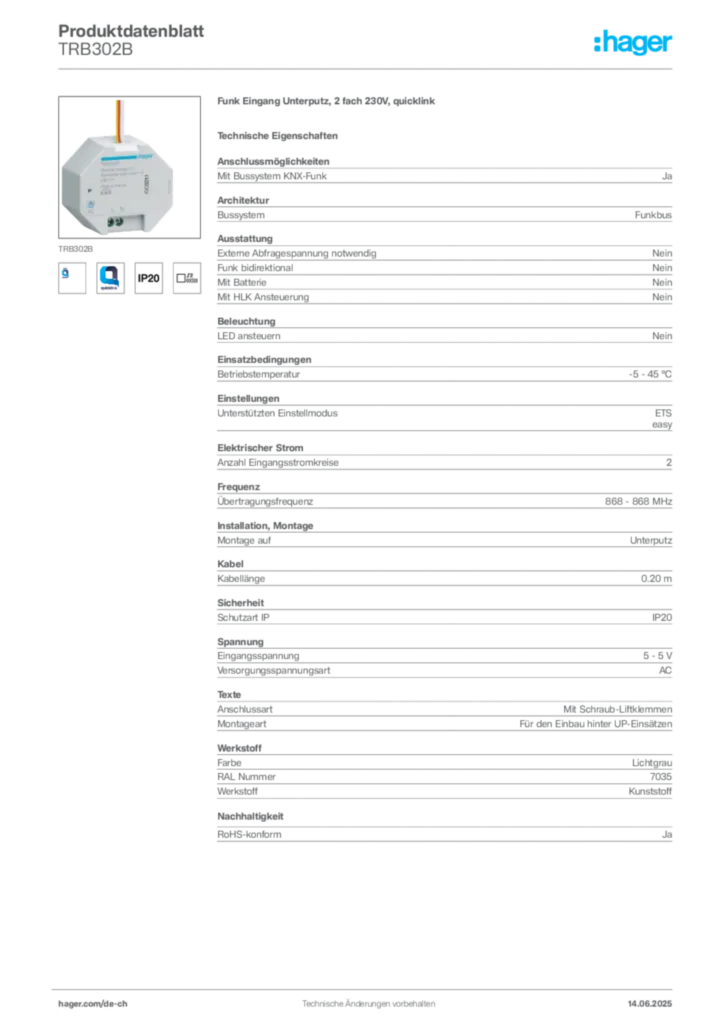 Bild Hager Produktdatenblatt TRB302B | Hager Schweiz