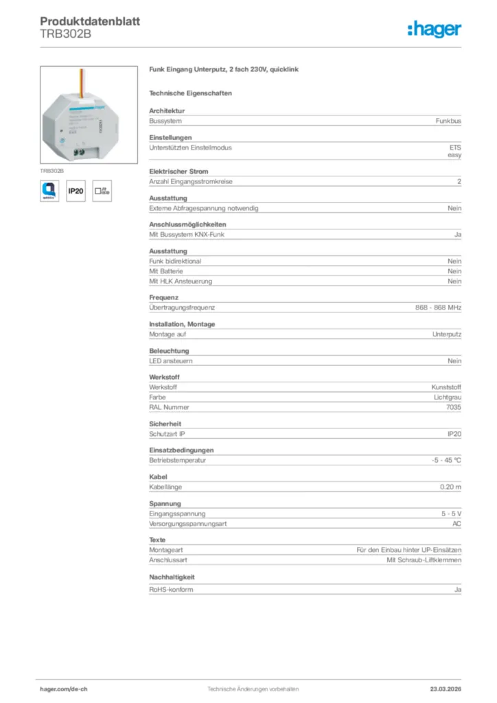 Bild Hager Produktdatenblatt TRB302B | Hager Schweiz
