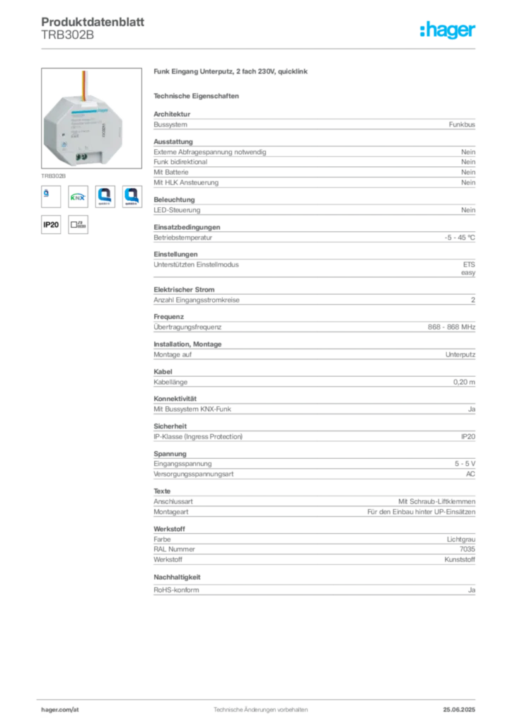Bild Hager Produktdatenblatt TRB302B | Hager Deutschland