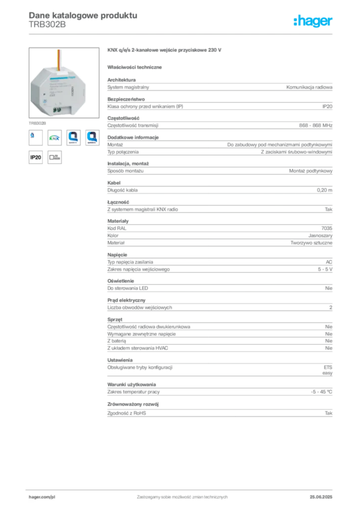 Zdjęcie Hager Dane katalogowe produktu TRB302B | Hager Polska