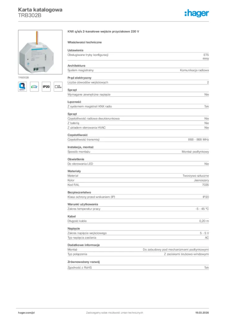 Zdjęcie Hager Karta katalogowa TRB302B | Hager Polska