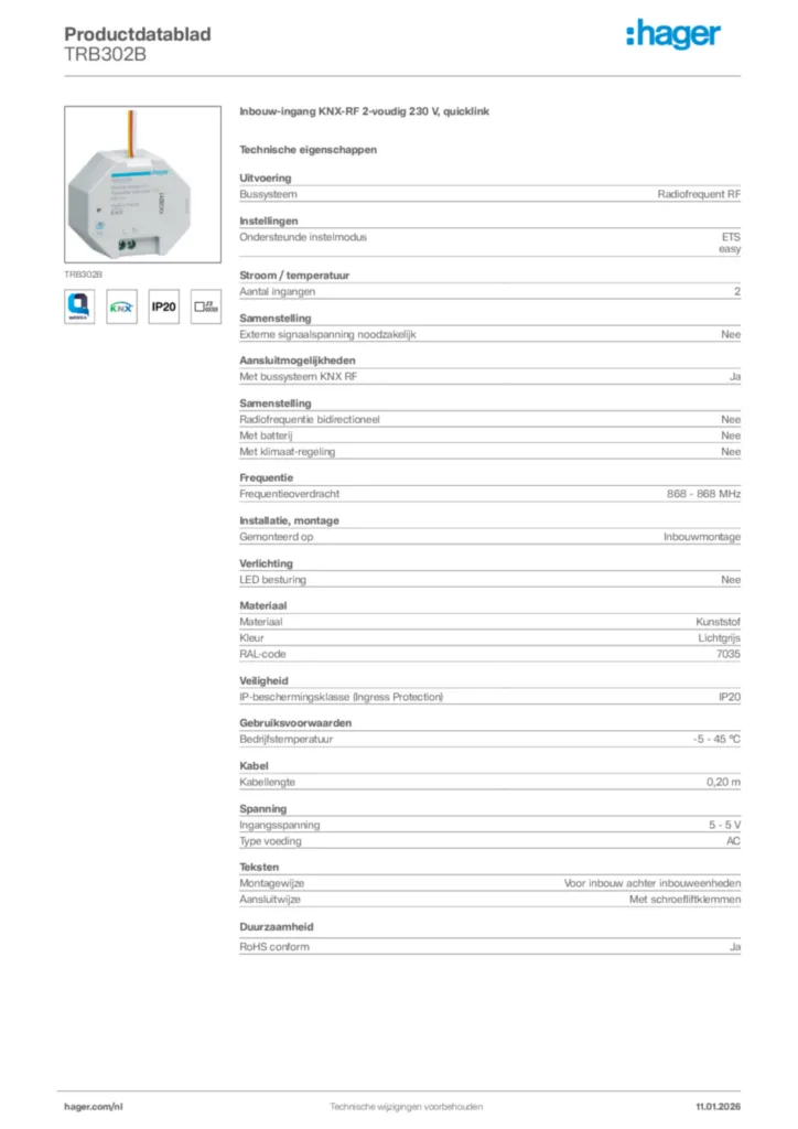 Afbeelding Hager Productdatablad TRB302B | Hager Nederland