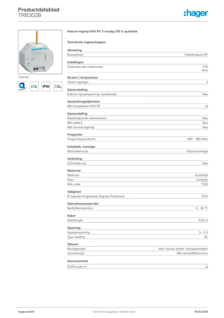 Afbeelding Hager Productdatablad TRB302B | Hager Nederland