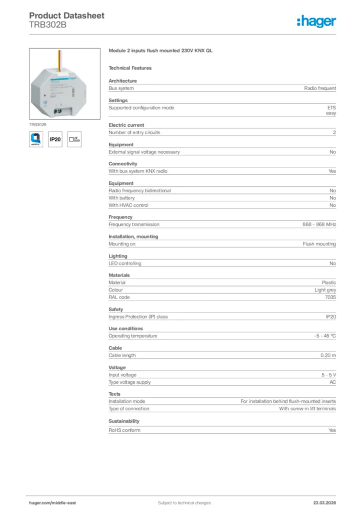 Image Hager Product data sheet TRB302B  | Hager