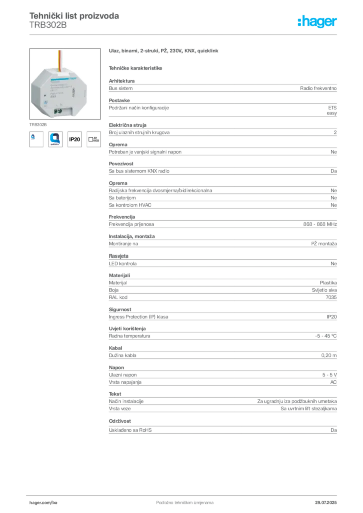 Slika Hager Product data sheet TRB302B  | Hager