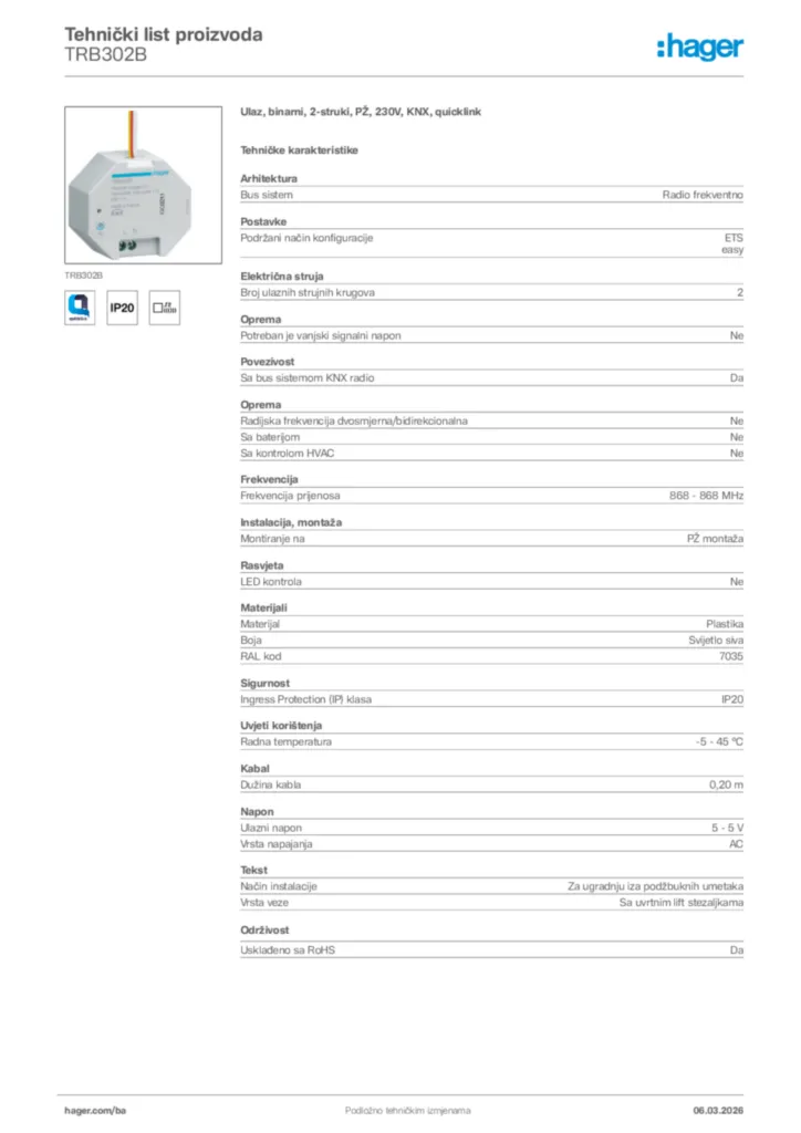 Slika Hager Tehnički list proizvoda TRB302B  | Hager