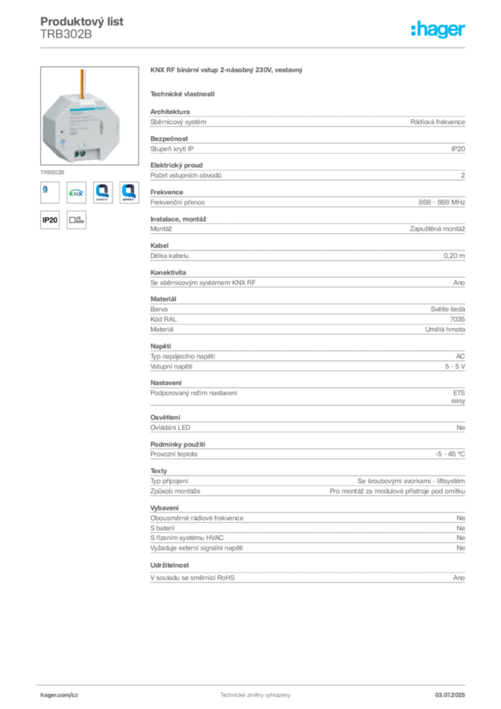 Obrázek Hager Produktový list TRB302B | Hager