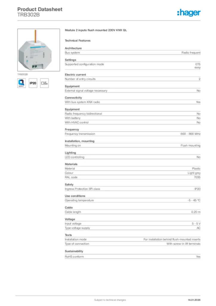 Image Hager Product data sheet TRB302B  | Hager