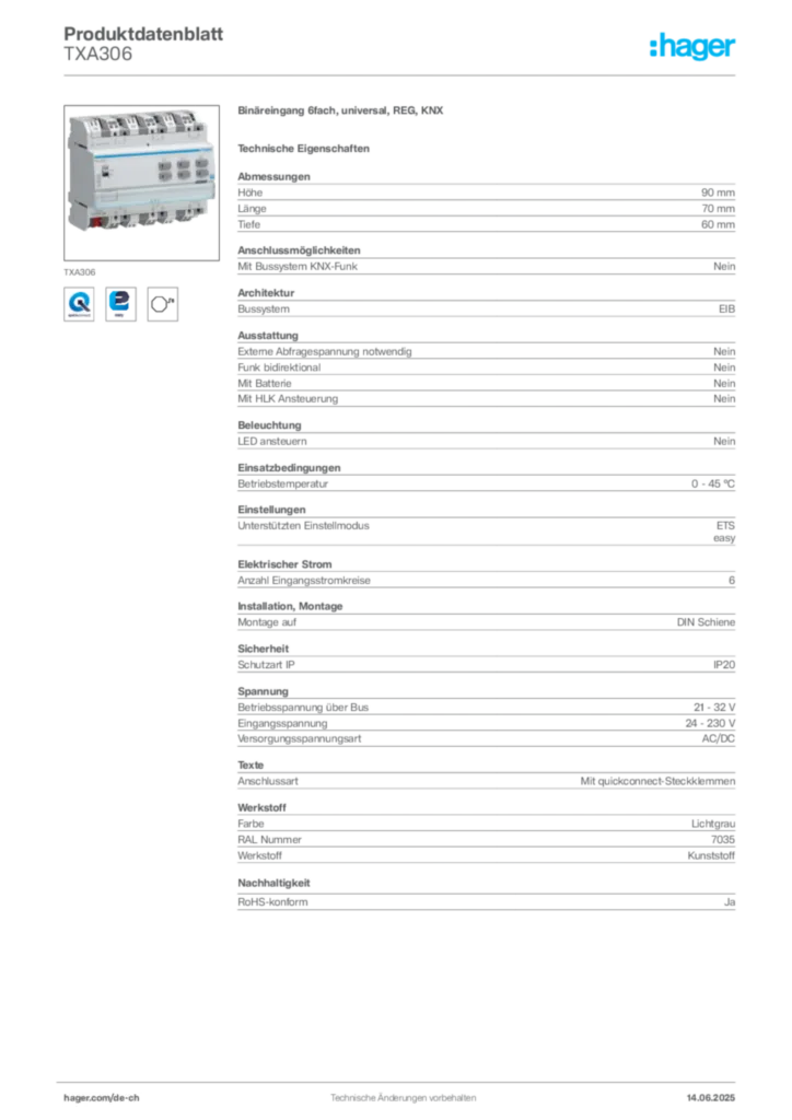 Bild Hager Produktdatenblatt TXA306 | Hager Schweiz