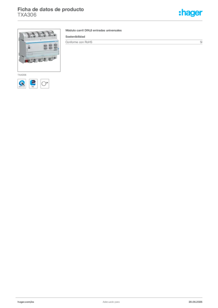 Imagen Hager Ficha de datos de producto TXA306 | Hager España