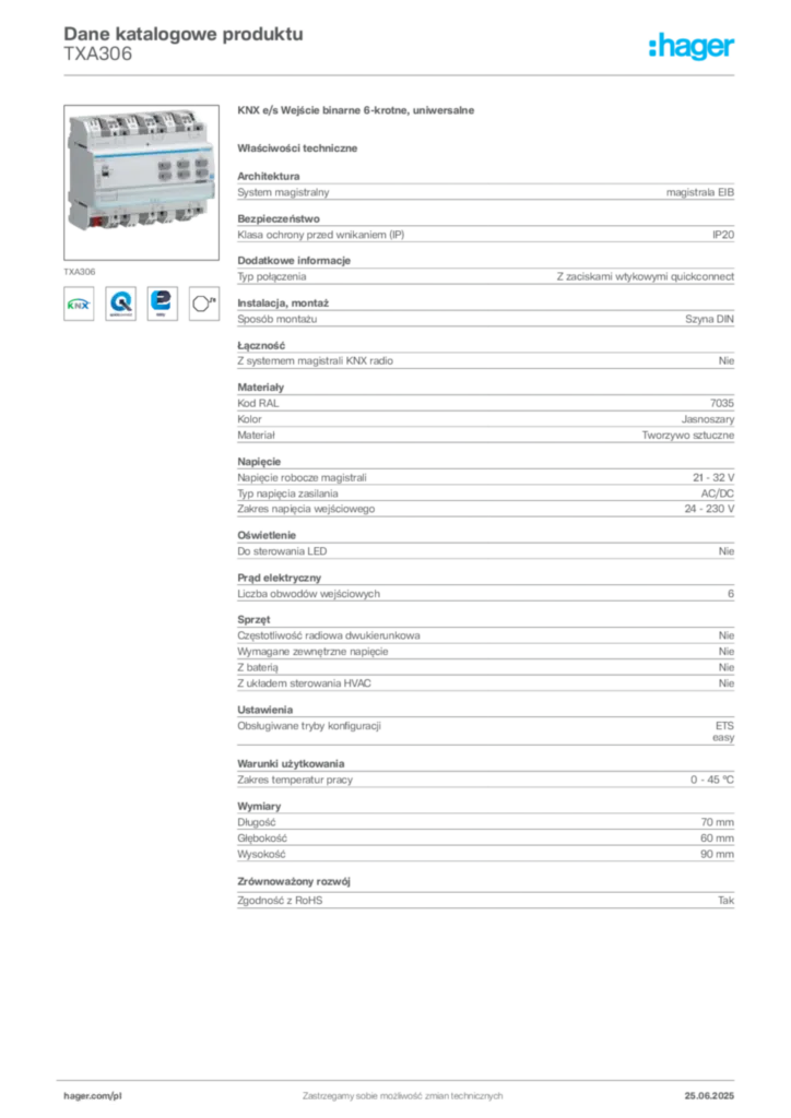 Zdjęcie Hager Dane katalogowe produktu TXA306 | Hager Polska