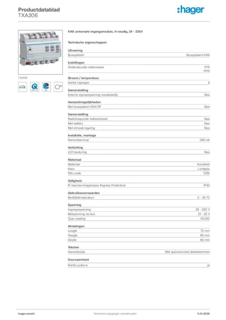 Afbeelding Hager Productdatablad TXA306 | Hager Nederland